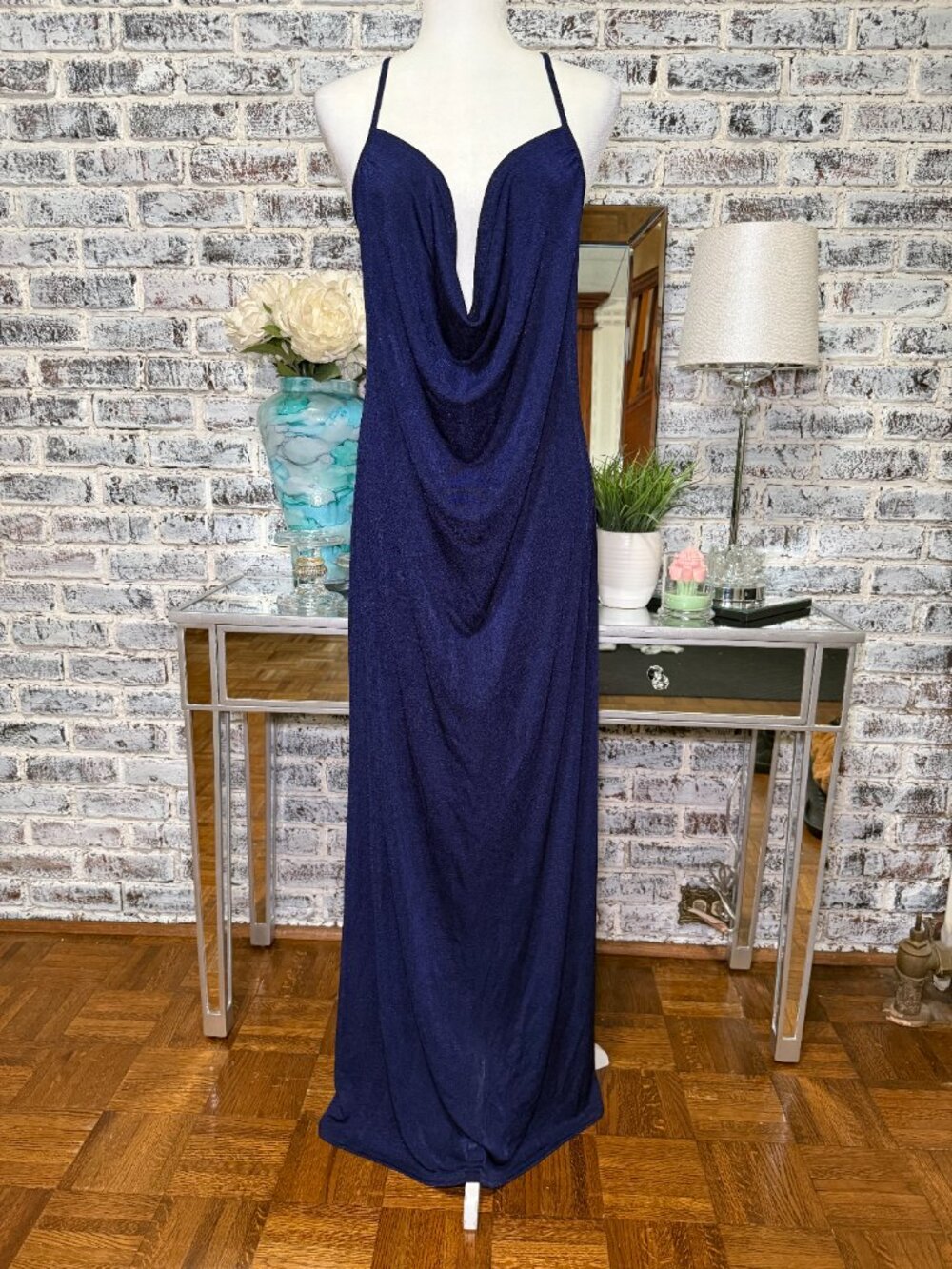 NWT PLT Plus Y2K Minimalist Navy Acetate Low Back Ruched Bum Midi Dress Size 22